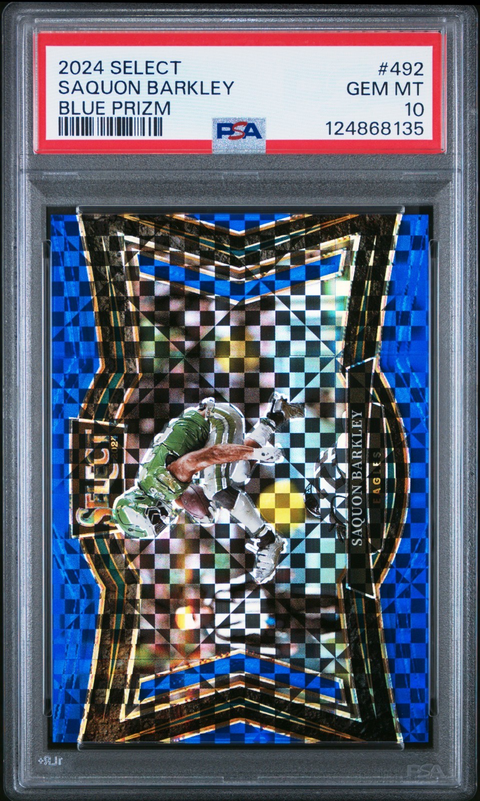 2024 Select Saquon Barkley Reverse Hurdle Blue Prizm Field Level /75 PSA 10