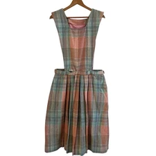 Vintage Plaid Pinafore Pleated Wool Dress L Handmade Removable Bib Cottagecore