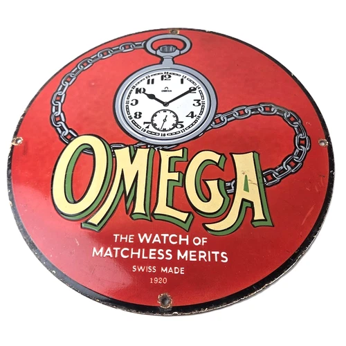 Vintage Omega Watches Porcelain Sign - Swiss Made Store Display Gas Pump Sign