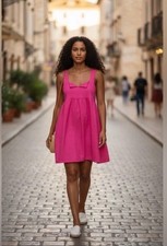 Daily Practice Anthropologie Pink Fuscia Split Neck Mini Dress Large L New NWT