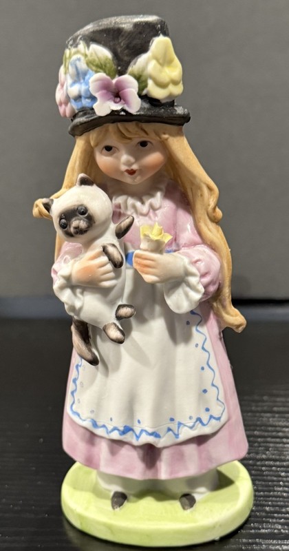 Vintage 6" Bisque Porcelain Girl Figurine Holding Dog Pink Dress Hat W/ Flowers