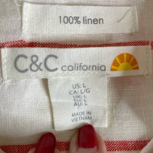 C&C California Size Large 100% Linen Striped Popover Tunic Red & Ivory - Picture 16 of 17