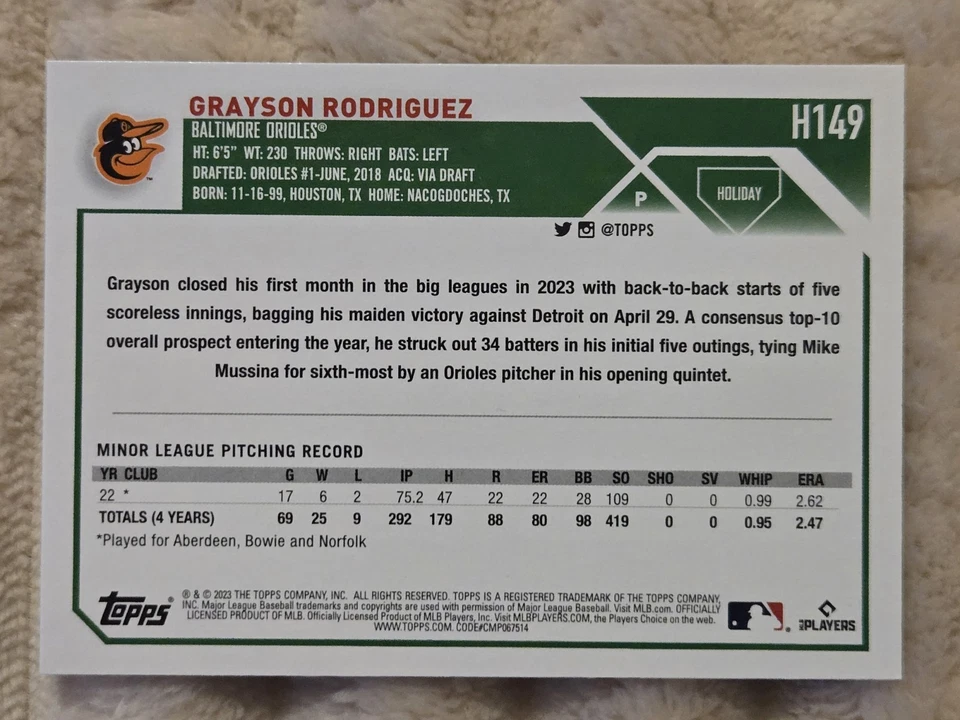 2023 Topps Holiday - Grayson Rodriguez Santa Hat Sp Rc Variation - Image 2 of 2