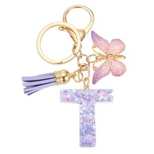 Initial Letter Keychains, Resin Cute Pendant with Butterfly Tassel, Purple-T