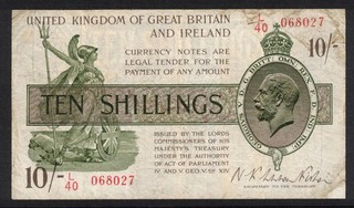 GB KGV 1922 FISHER T30 TREASURY NOTE 10s TEN SHILLINGS BANKNOTE