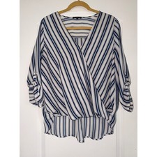 West Kei Striped Surplice Blouse Blue White Tab Sleeve High Low Top TU38205-C9 L