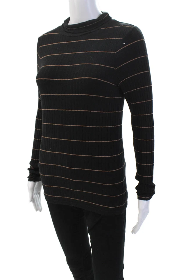 Vince Womens Striped Long Sleeves Turtleneck Sweater Black Brown Size Medium - Image 2 of 4