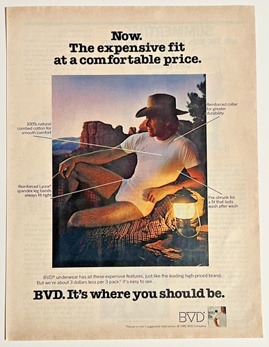 BVD Men's Underwear Male Model Cowboy Hat Vintage Print Ad 1982
