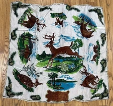 Vtg All Rayon Scarf DEER Theme Bucks Does Fawns In Nature 28” X 28” Square