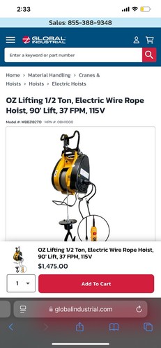 OZ Lifting Products OBH1000 Elektrischer Seilzug, 1.000 Pfund, 90 Fuß, Haken - Bild 1 von 5