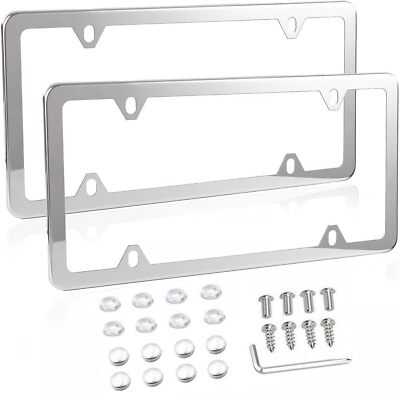 2PCS SLIM CHROME STAINLESS STEEL LICENSE PLATE FRAME SCREW CAP /SLIM 4 HOLE CF-2