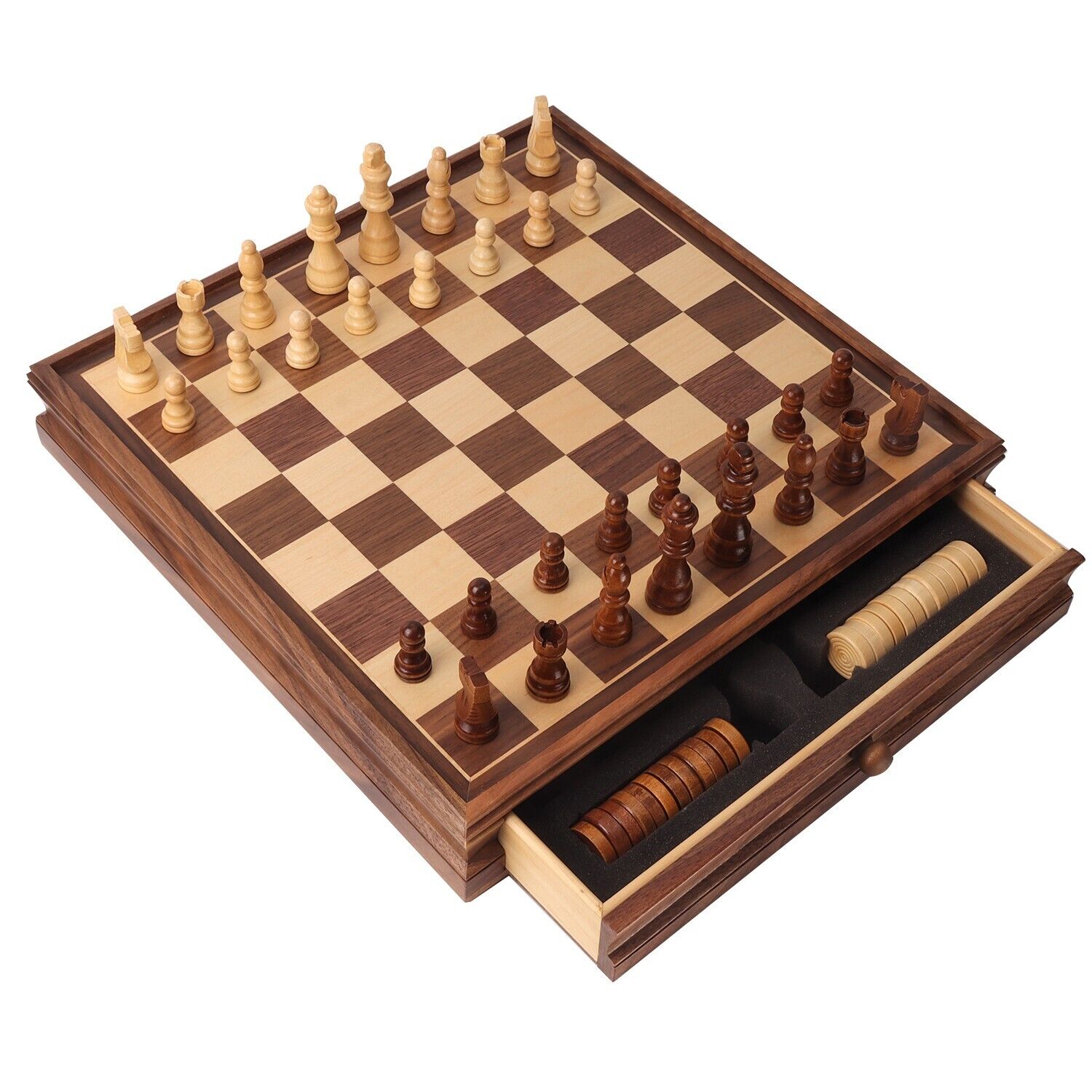 15 Large Wooden Chess/Checkers Board Game Set with Chess Game Pieces and  Drawer