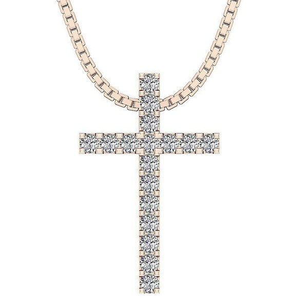 Round Diamond Cross Pendant Necklace I1 G 0.45 Ct Rose Gold 0.85Inch Prong Set