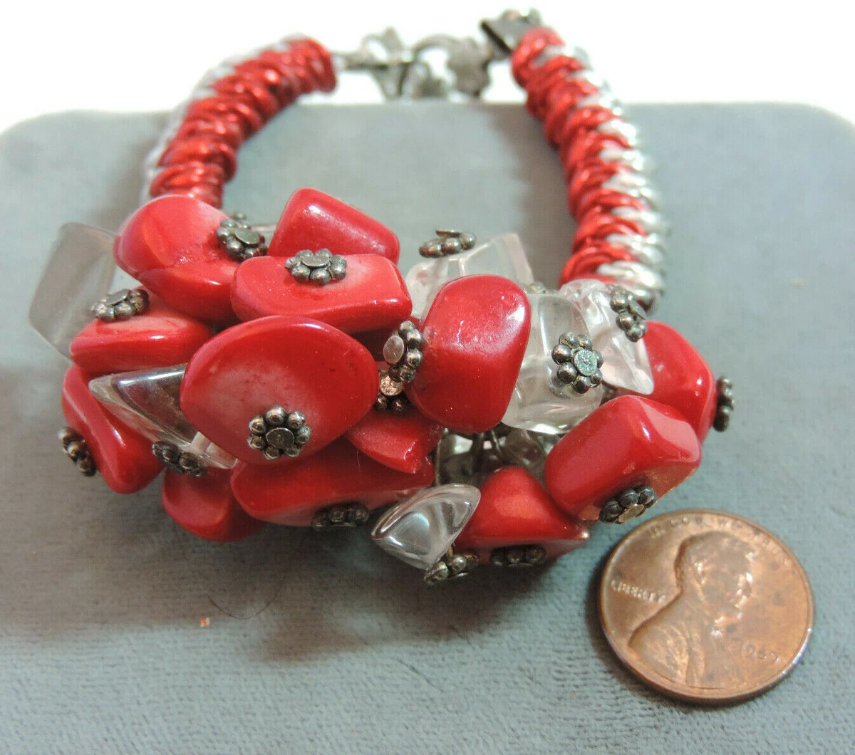 Chunky Rock Quartz Red Bamboo Sea Coral Knotted Cord 6.5