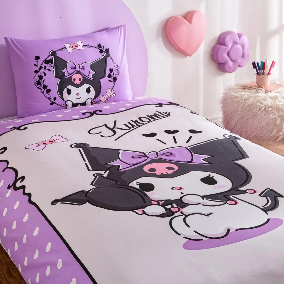 サンリオ Kuromi ベッドカバー 140cm x 205cm Official Kuromi Single Bedding Set – Tac Licensed – 100% Cotton
