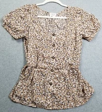 Sienna Sky Top Women’s Small Brown White Floral Short Sleeve Blouse Lightweight