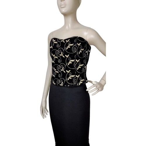 Vintage Schwarz Samt Metallic Gold Bestickt Trägerlos Bustier Cocktail Party - Bild 5 von 8