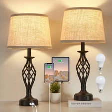 Table Lamp for Bedroom Set of 2 with USB C+A Ports, Modern Bedside Lamps with...