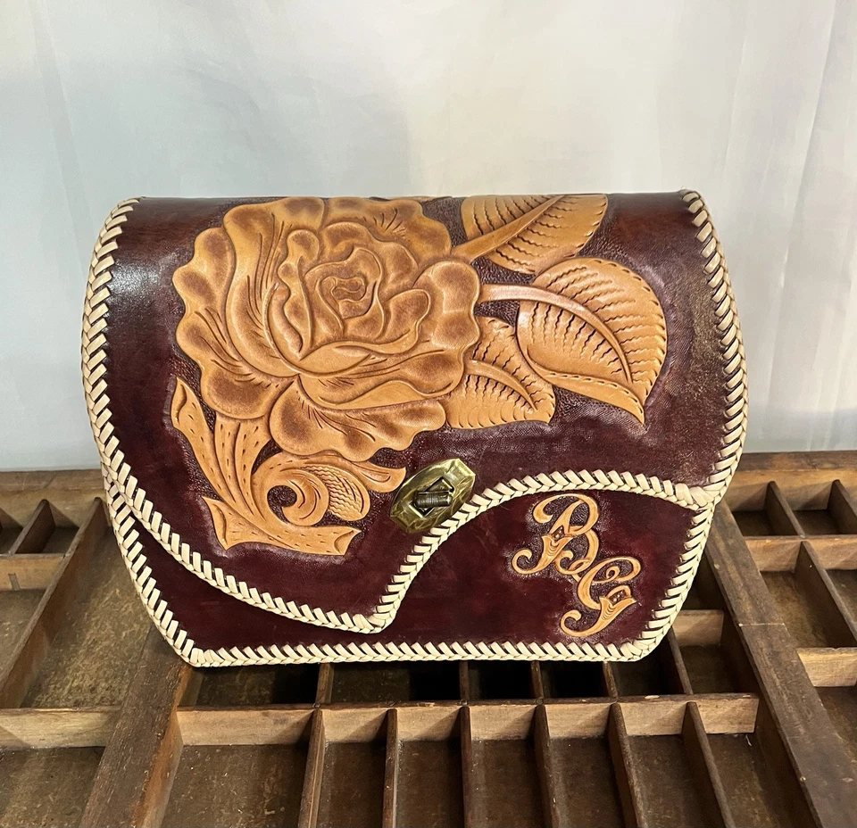 Bolso de Mano Bolso BoHo Hippie de Cuero Tocado a Mano Años 70 De Colección.Correa Ajustable, Costura Foto 2 de 4