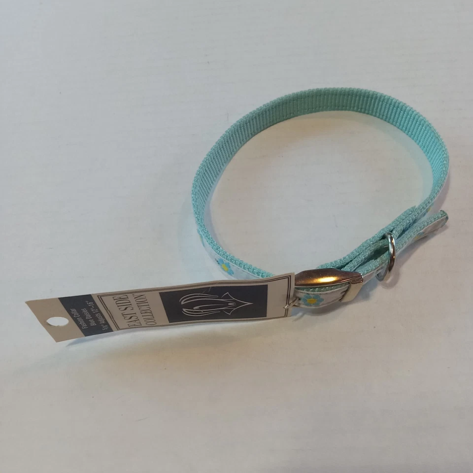 Collar de nailon para perro 12" - 16" azul claro 5/8" cinta de flores superpuesta lado este Foto 4 de 4