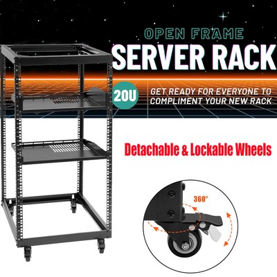 Black 20U Open Frame Server Rack W/ Brake Casters - 4 Post Rack Network Durable