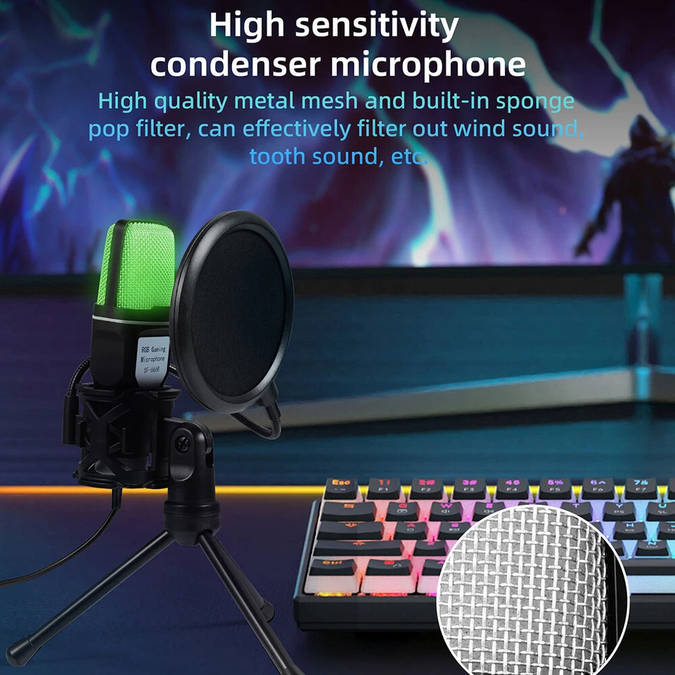 RGB USB Condenser Recording Microphone Pop Filter Mic for PS4 PS5 PC Laptop Game - Image 2 of 4