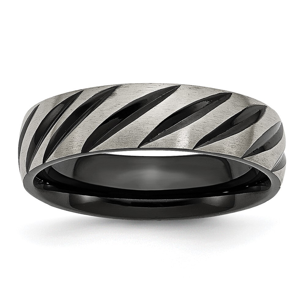 Titanium Brushed and Polished Black IP-plated 6mm Grooved Band Ring Size 12