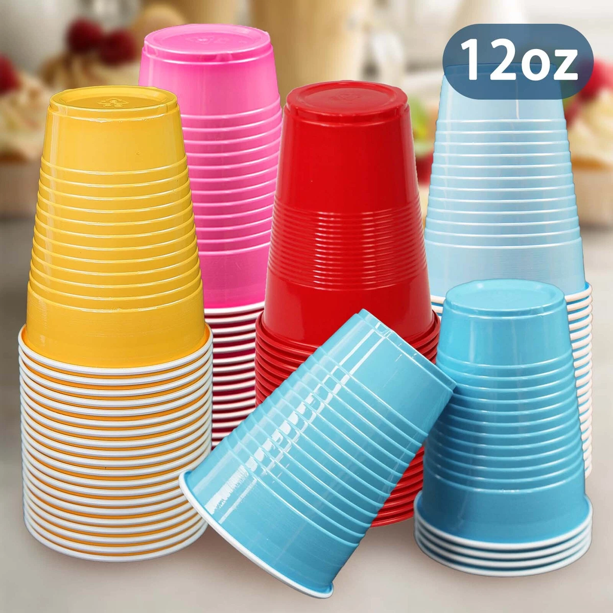 Disposable Plastic Cups, Red Colored Plastic Cups, 12-Ounce