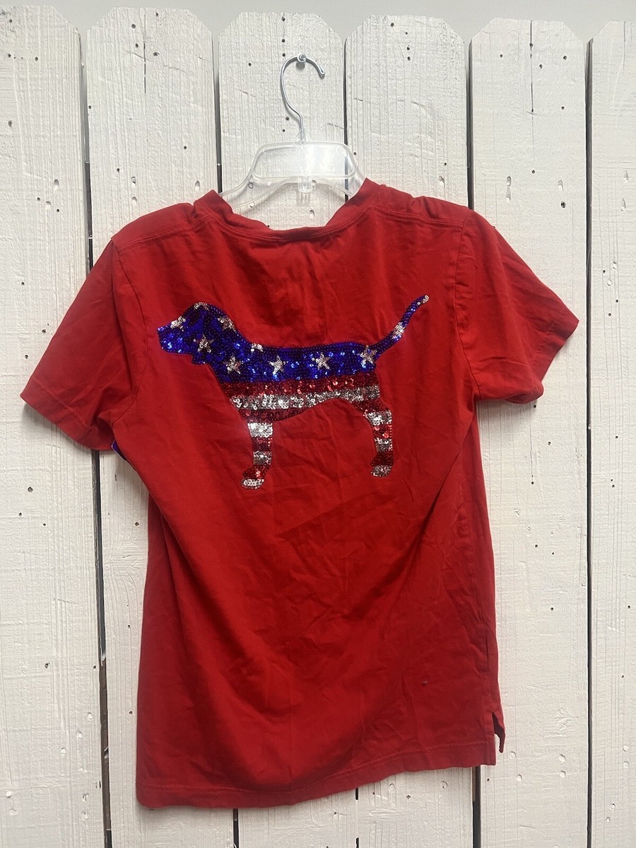 Victoria's Secret Pink Red American Flag Sequin Bling Dog Tee C22