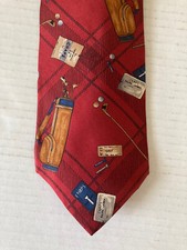 Chaps Ralph Lauren Men's Necktie Tie Silk Red Plaid Golf Theme Made in USA