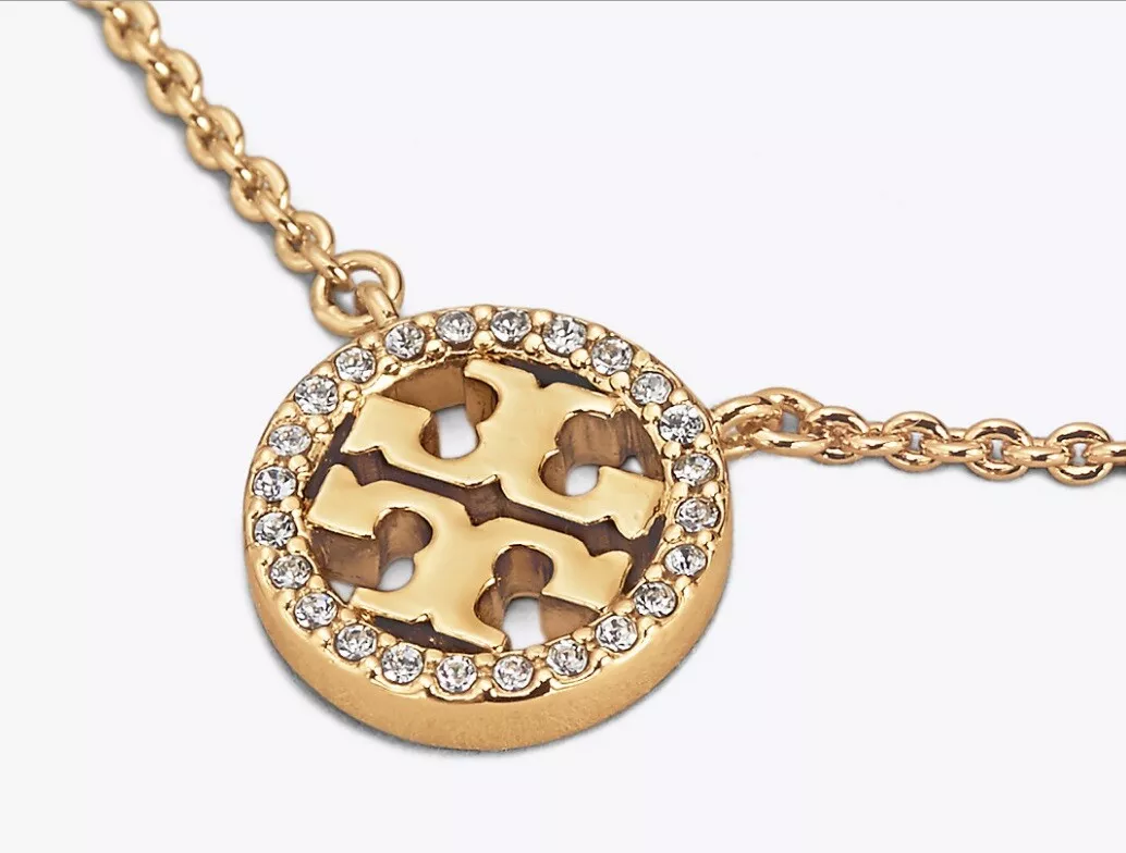 Auth NEW Tory Burch GOLD Circle SPARKLING Crystal Pave Pendant Necklace 128