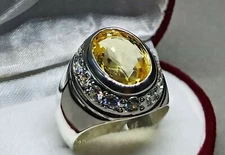 Oval Cut 13 Carat Fresh Yellow Topaz Sterling Silver 925 Handmade Topaz Men Ring