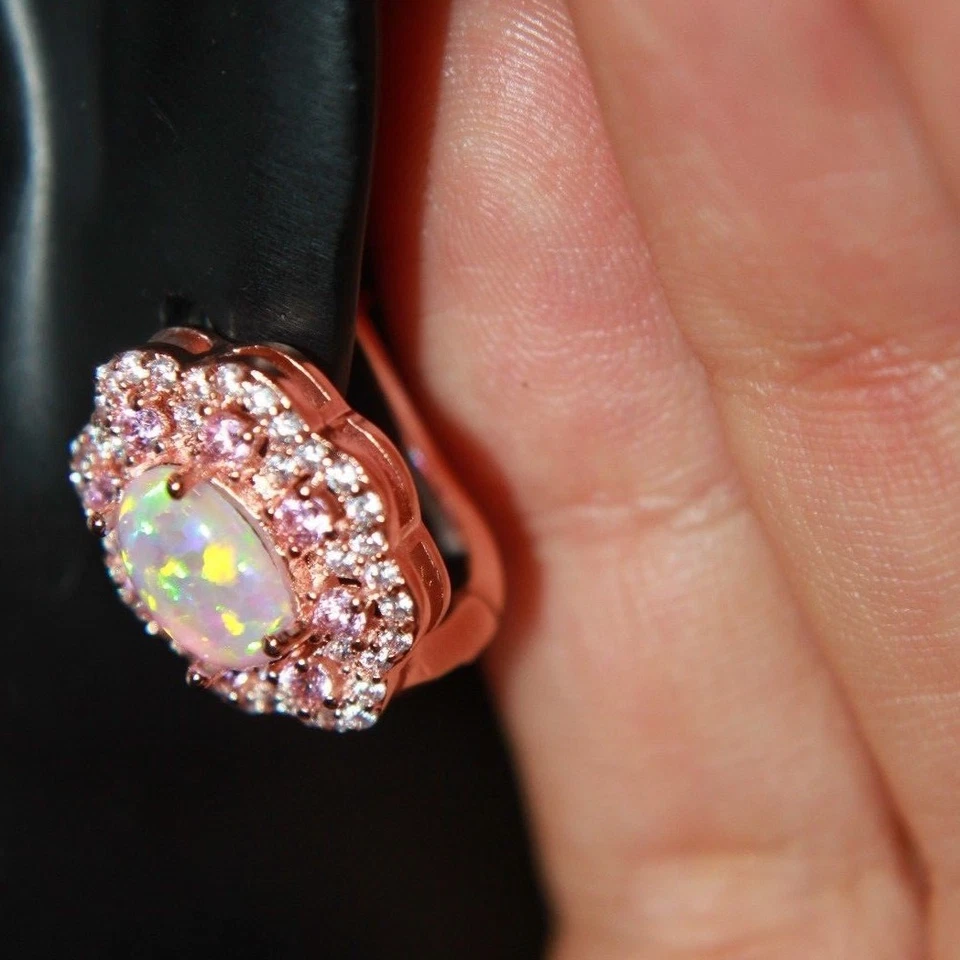 Pendientes ópalo de fuego circonita cúpalo piedras preciosas oro rosa relleno joyería noche cóctel tachuela R Foto 3 de 4