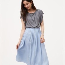 "LOFT" GRAY & LIGHT BLUE SATIN SKIRT SURPLICE BACK BLOUSON DRESS SZE: M NWT $80