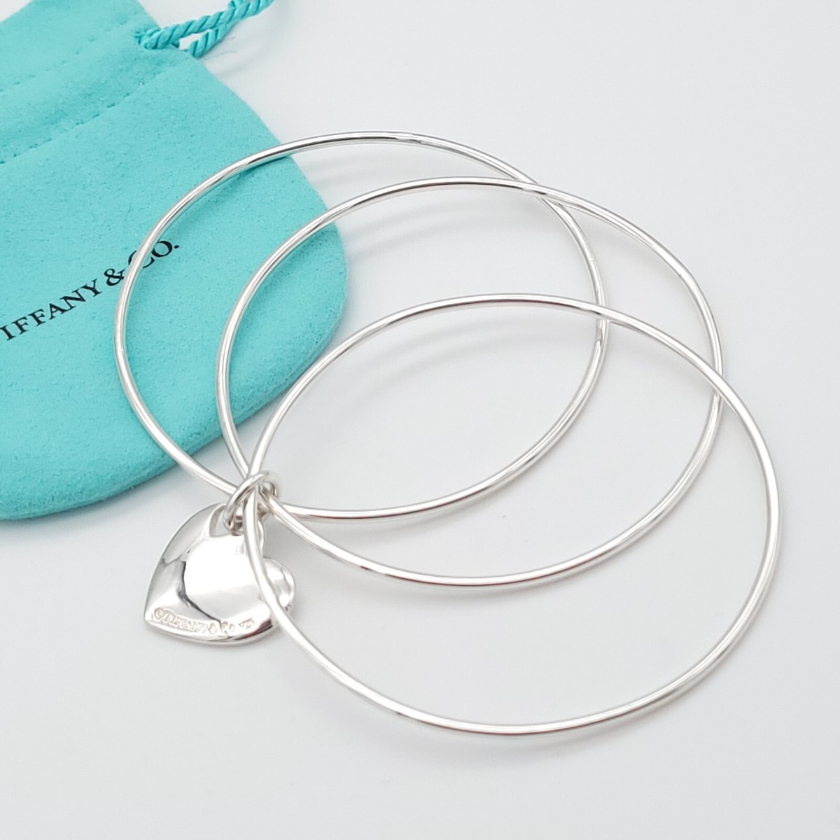 Tiffany & Co. 925 Sterling Silver Triple Bangle Heart Tag Bracelet