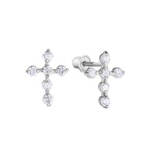 14K Real Solid Gold Cubic Zirconia Cross Sleeper Studs Earrings Screw-back