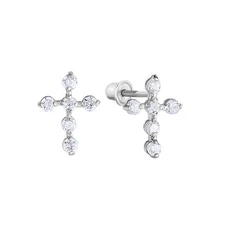 14K Real Solid Gold Cubic Zirconia Cross Sleeper Studs Earrings Screw-back
