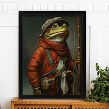 Fisherman Frog Wall Art Vintage Renaissance Animal Painting Funny Frog Print