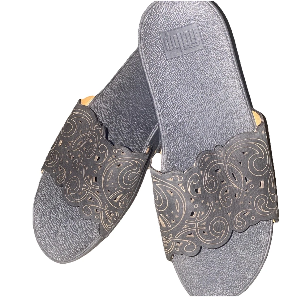 FitFlop Urban Flora Corte Láser Cuero Negro Mujer Sandalias Deslizables Cojín EE. UU. 8 Foto 3 de 4