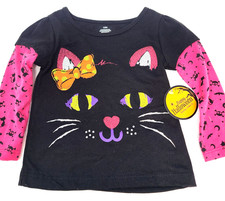Halloween Toddler 12mth Black Cat Face Shirt Baby Girl Glitter face Long Sleeve