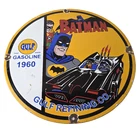 Vintage Gulf Gasoline Sign - Batman Robin Porcelain Gas Pump Sign