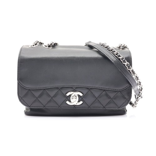 CHANEL Tramezzo Flap Shoulder Bag Black Leather Silver Hardware No Card
