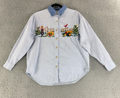 Solutions Original Button-Up Shirt Womens Medium Blue Fall Scarecrow Embroidered