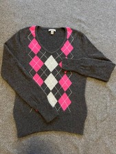 Apt 9 Cashmere Sweater Black/Gray Pink Argyle V-Neck, L