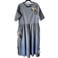 Roberta Gandolfi Blue Striped Floral Applique Midi Dress Short Sleeve back Tie