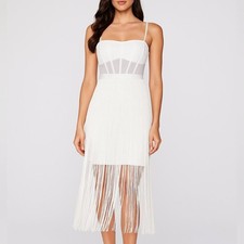 BCBGMaxAzria White Fringe Corset Midi Sheath Dress 14 Off-White Cocktail NWT