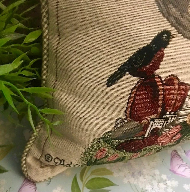 ADRIENNE SAMUELSON VINTAGE 12" TAPESTRY ACCENT PILLOW PUSSYCAT IN A BIRDBATH - Image 3 of 4