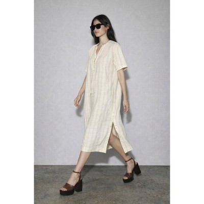 ZARA Butter Yellow Linen Blend Striped Midi Dress Size L Minimalist Coastal  Chic | eBay