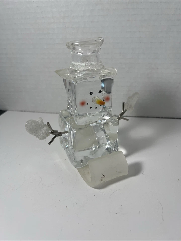 Snowman Ice Cube Figurine Faux On A Sled Acrylic Holiday Winter Decoration - Image 3 of 4