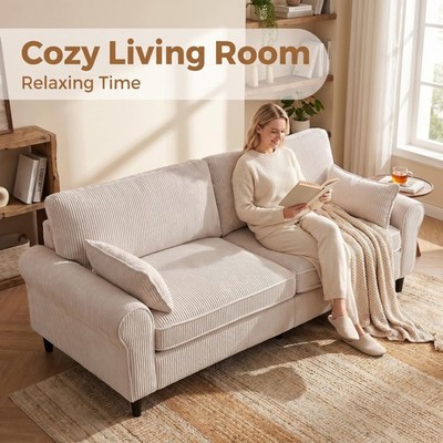 Corduroy Loveseat Sofa 2-Seater Rolled Armrests Iron Wood Frame White